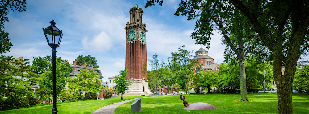 Walkway and the Carrie Tower, on the campus of Brown University, in Providence, Rhode Island.